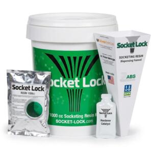 Kit de resina Socket Lock para soquetagem de cabos de aco com balde misturador, resina verde, catalisador e funil descartavel Fast Funnel
