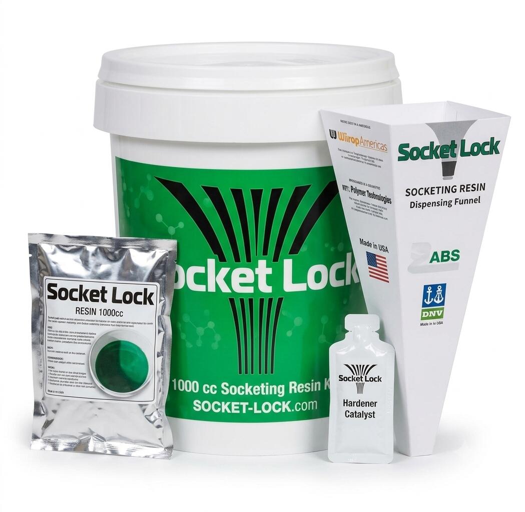 Kit de resina Socket Lock para soquetagem de cabos de aco com balde misturador, resina verde, catalisador e funil descartavel Fast Funnel